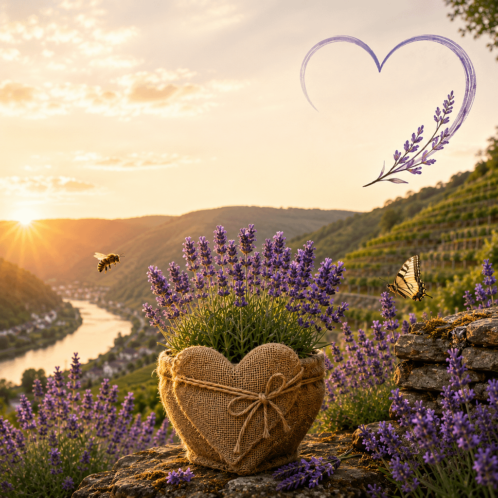 Blühende Lavendelpflanze auf einer Wiese mit Herz aus Wolken am Himmel – Symbol für Liebe zur Natur und persönliche Patenschaft bei LAVELAL.