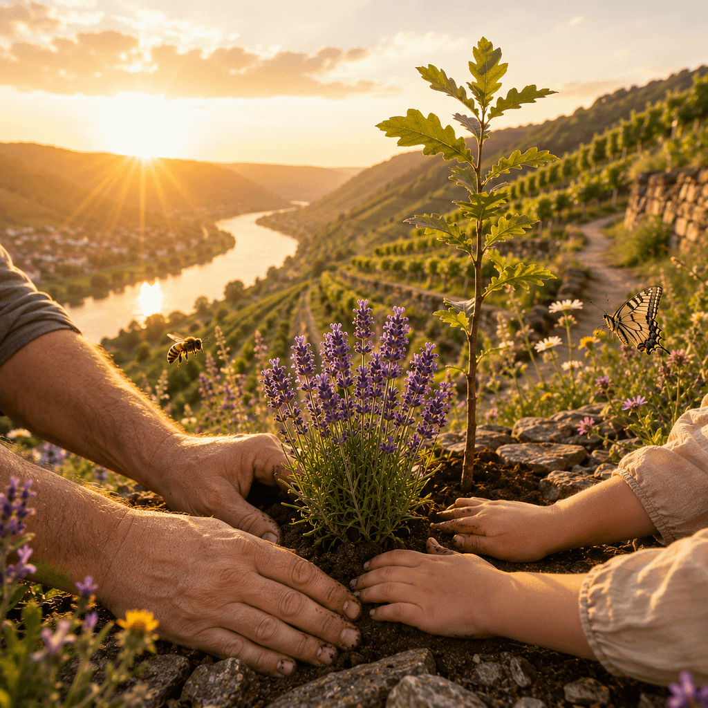 Lavendelpflanze im Licht der aufgehenden Sonne, darüber ein goldener Stern und die Worte „Pate werden. Natur bewahren.“ – Sinnbild für Verantwortung, Partnerschaft und Zukunft im LAVELAL-Projekt.