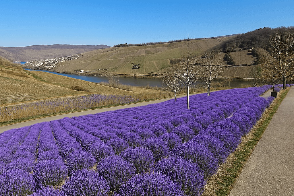 Großes Lavendelfeld in voller Blüte oberhalb der Mosel mit Blick auf das Flusstal, Weinberge und eine kleine Ortschaft – blühender Lebensraum des LAVELAL-Naturschutzprojekts.