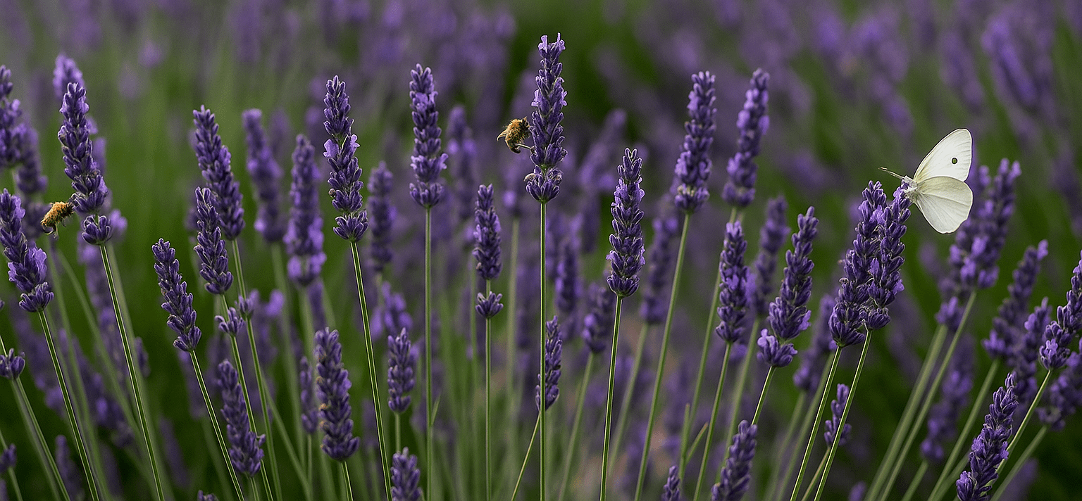 Ein blühendes Lavendelfeld voller summender Bienen und einem weißen Schmetterling – ein lebendiger Lebensraum für Insekten und Symbol für den Naturschutz an der Mosel.