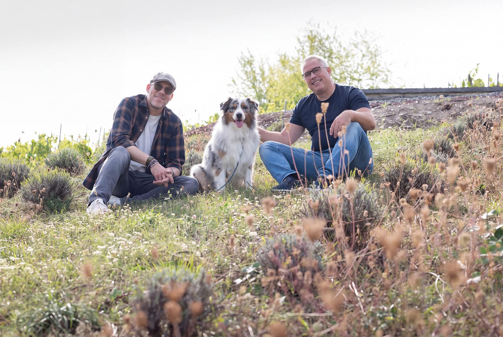 Sebastian Schlatter und Mario Kohlmann mit einem Hund in einer LAVELAL-Oase