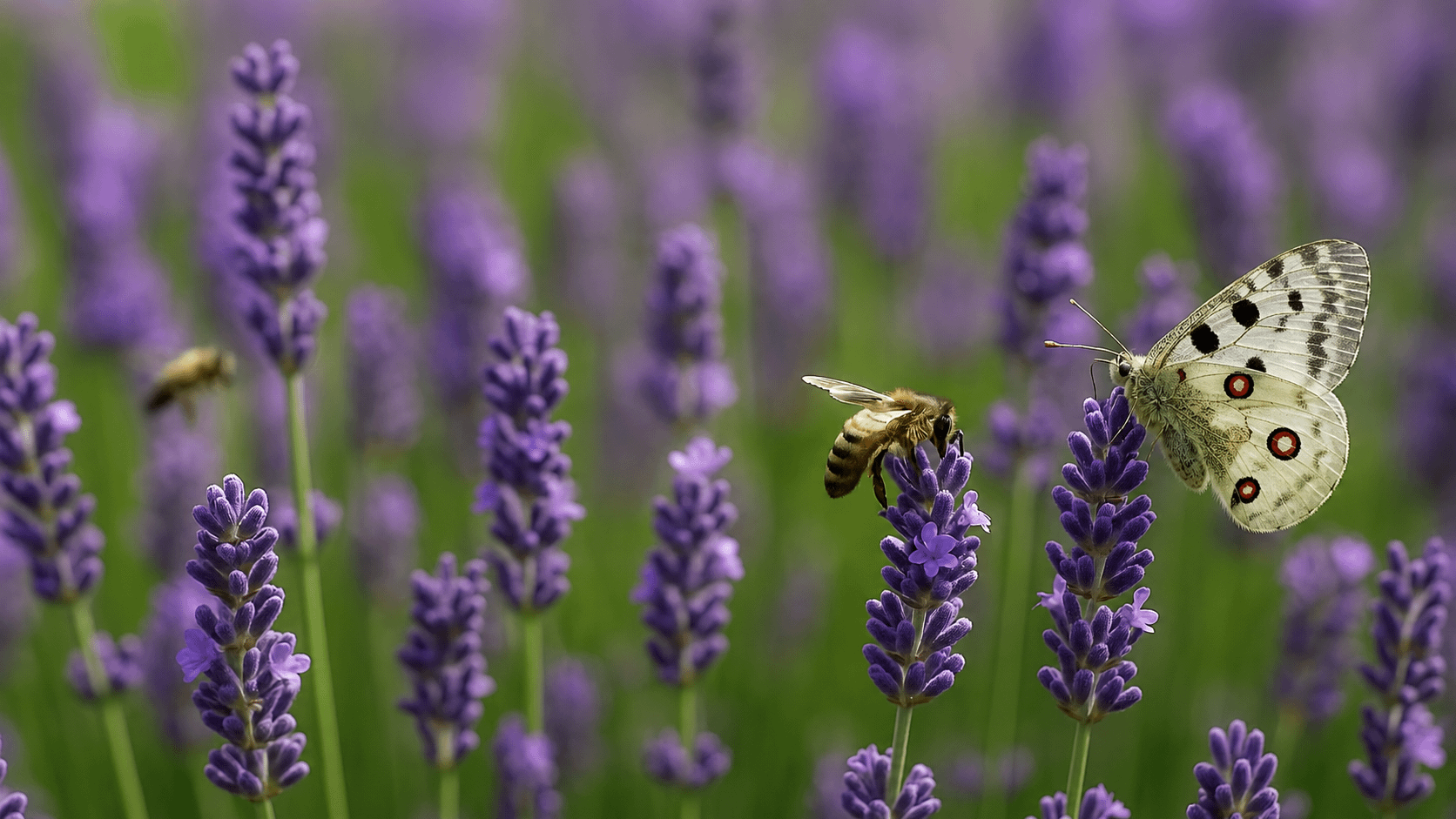 Ein blühendes Lavendelfeld voller summender Bienen und einem weißen Schmetterling – ein lebendiger Lebensraum für Insekten und Symbol für den Naturschutz an der Mosel.