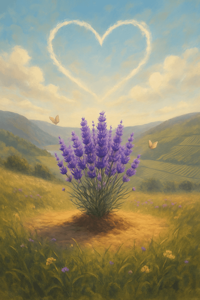 Blühende Lavendelpflanze auf einer Wiese mit Herz aus Wolken am Himmel – Symbol für Liebe zur Natur und persönliche Patenschaft bei LAVELAL.