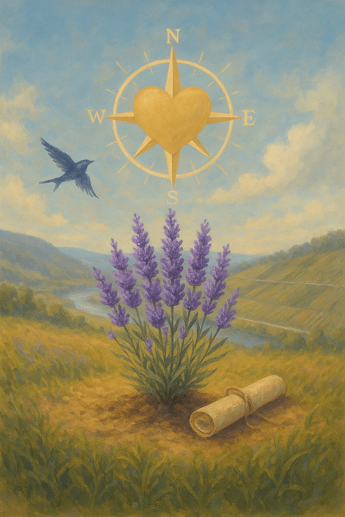 Blühende Lavendelpflanze mit Kompassrose in Herzform über ihr, eine Urkunde liegt im Vordergrund – Symbol für Verantwortung und Engagement im Rahmen der LAVELAL-Naturschützer-Patenschaft.