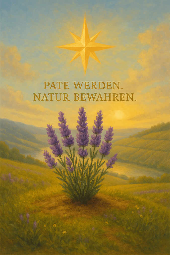 Lavendelpflanze im Licht der aufgehenden Sonne, darüber ein goldener Stern und die Worte „Pate werden. Natur bewahren.“ – Sinnbild für Verantwortung, Partnerschaft und Zukunft im LAVELAL-Projekt.